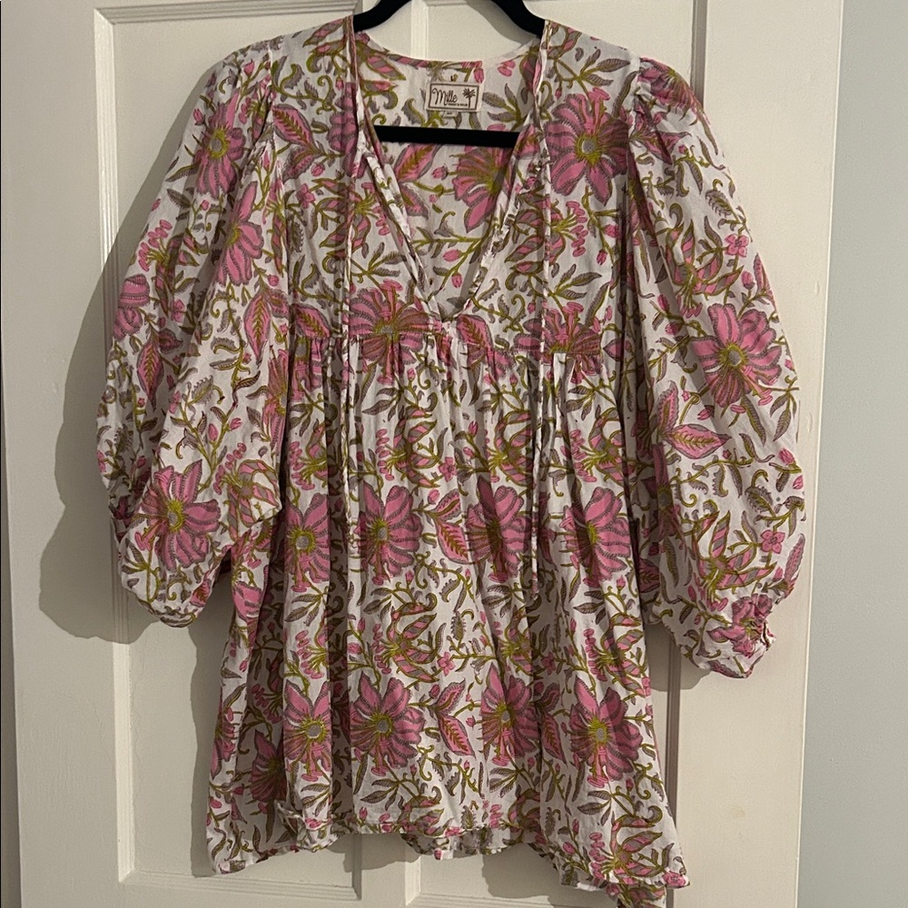 Mille Floral V-Neck Blouse in Pink and Green